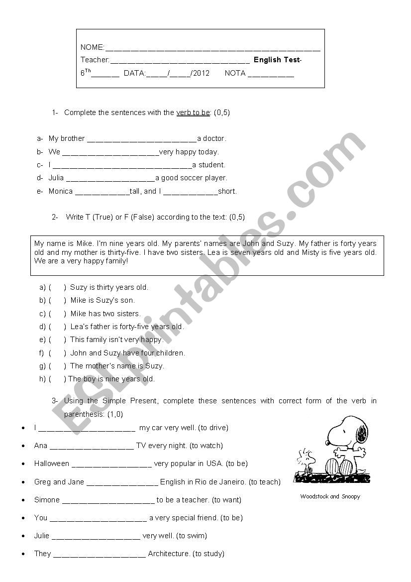 english test 6 th worksheet