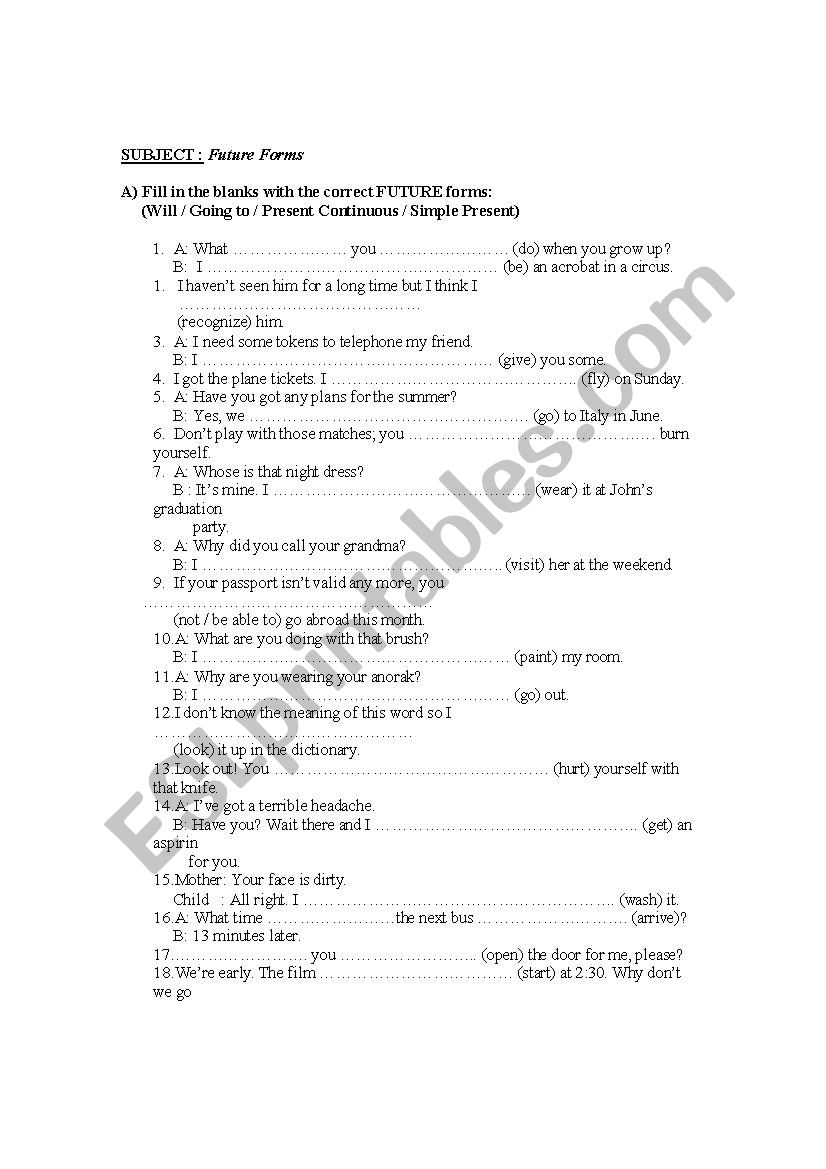 future tenses worksheet