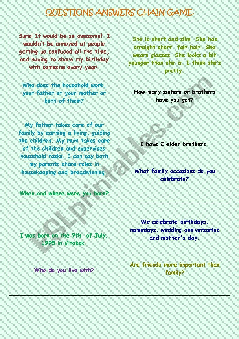 Family - QUESTIONS-ANSWERS CHAIN GAME