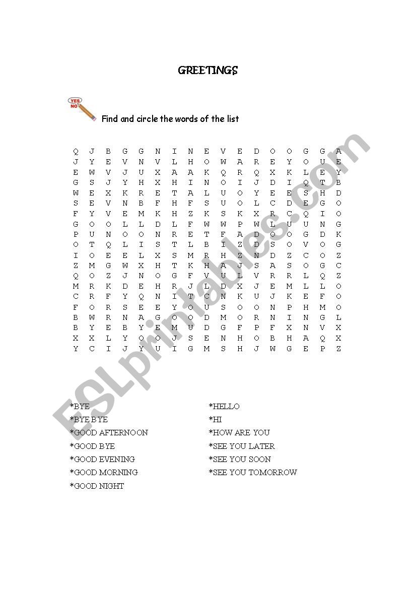 Wordsearch greetings worksheet