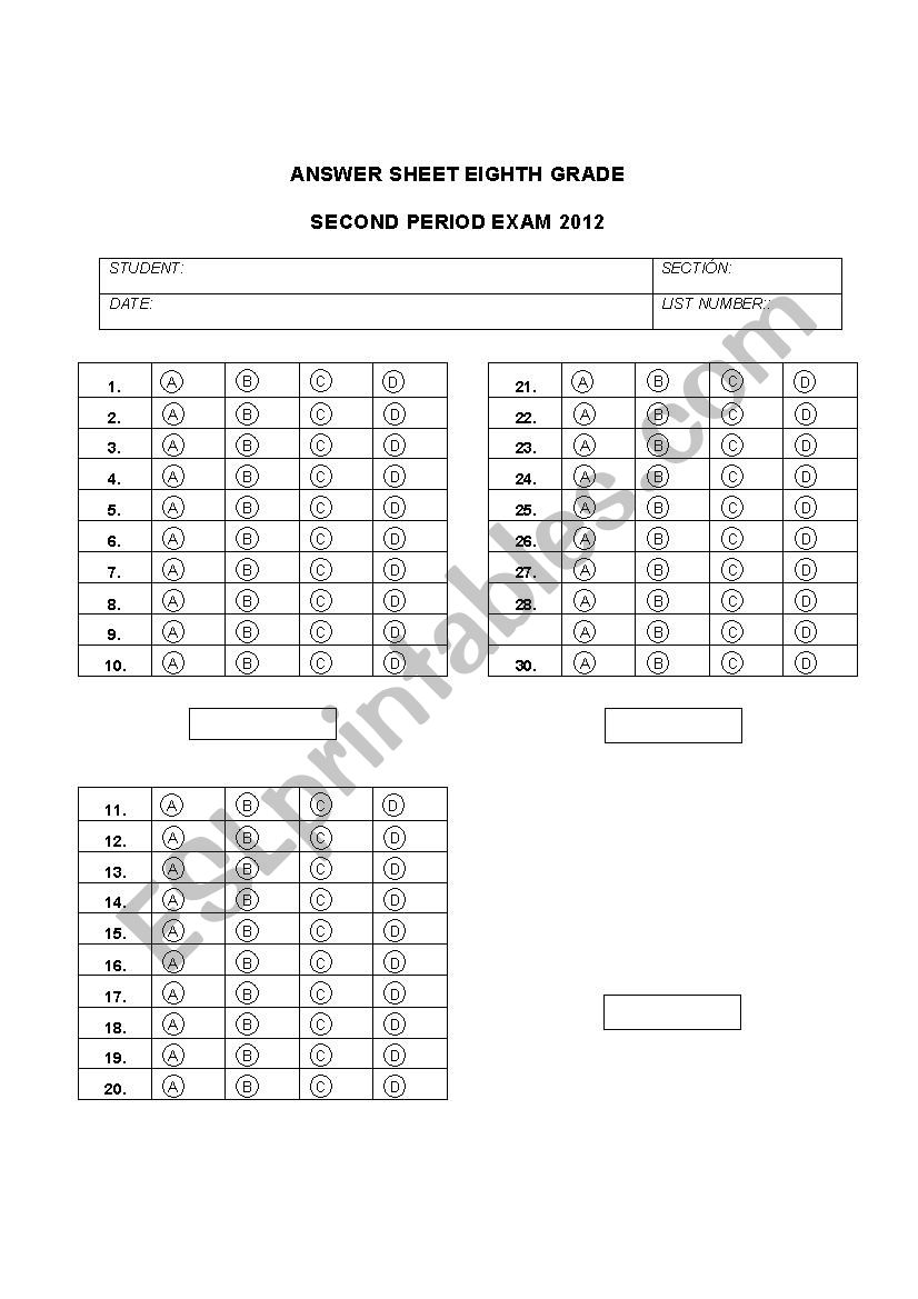 ANSWER SHEET FOR EXAMS worksheet