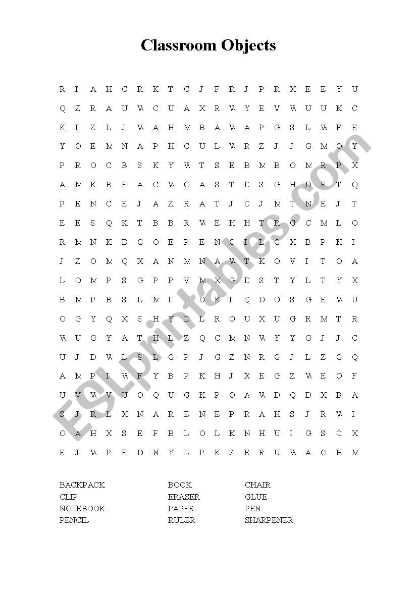 Classroom Objects Wordsearch worksheet