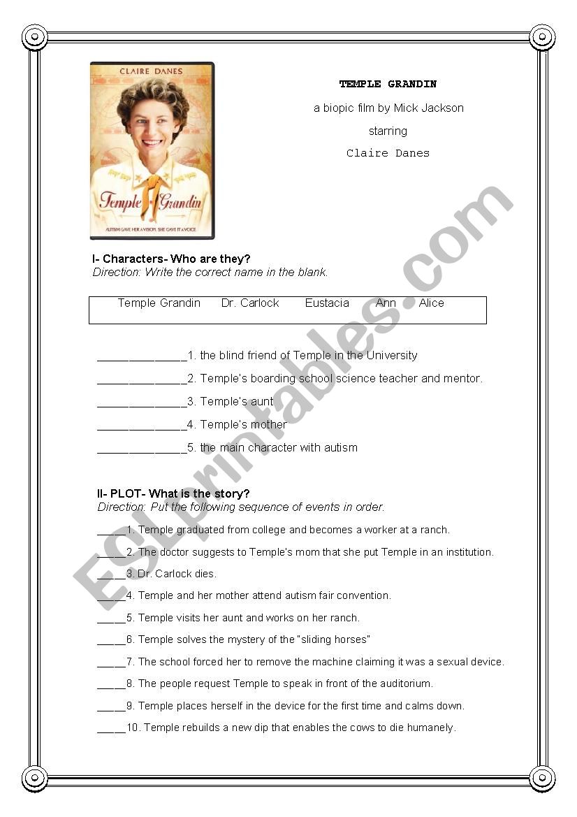 Temple Grandin Post Movie Activity - ESL worksheet by danna_danna25 Regarding Temple Grandin Movie Worksheet