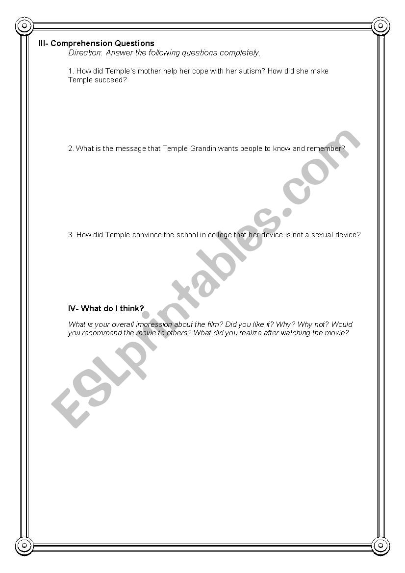 Temple Grandin Post Movie Activity - ESL worksheet by danna_danna25 Throughout Temple Grandin Movie Worksheet