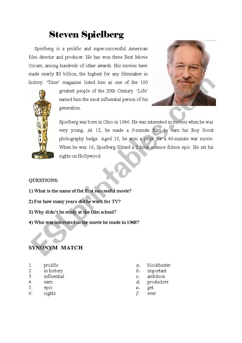 Steven Spielberg + War horse  worksheet
