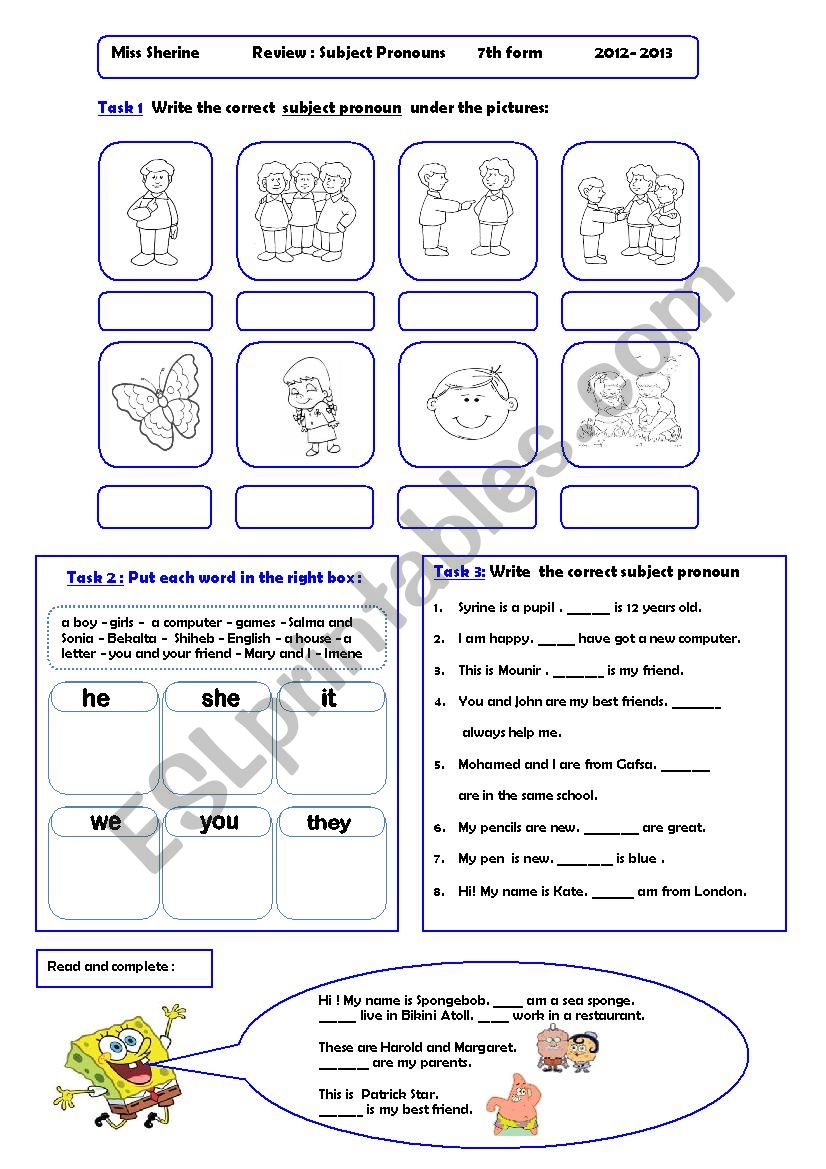 Subject pronoun revision worksheet