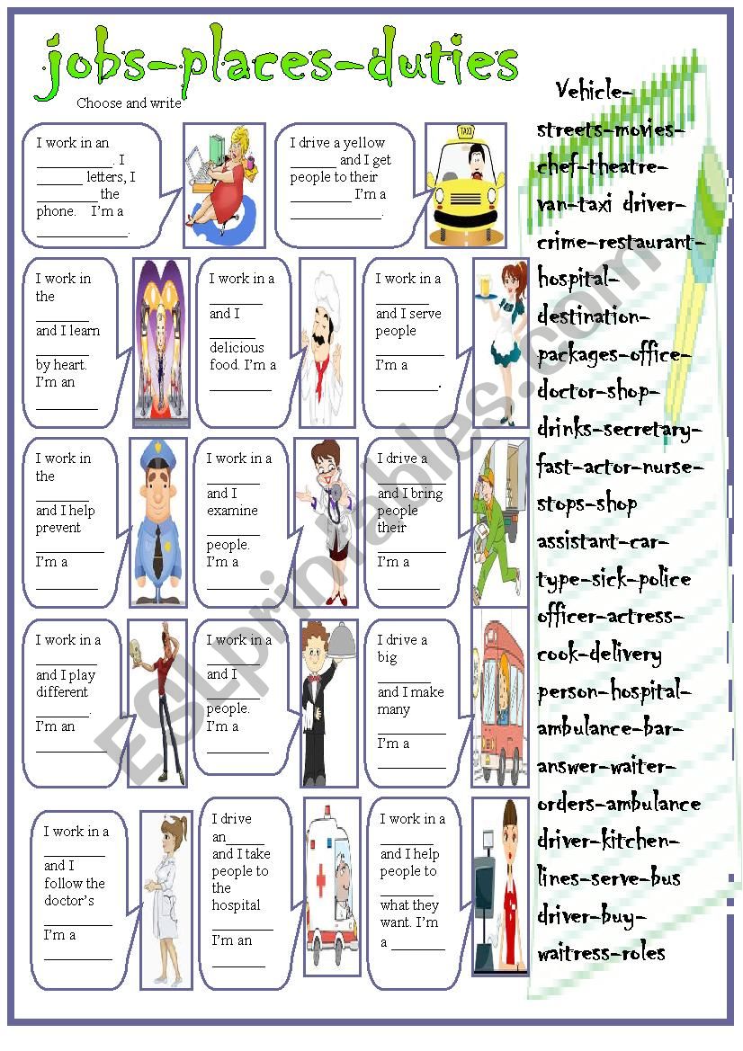 jobs-places-duties worksheet