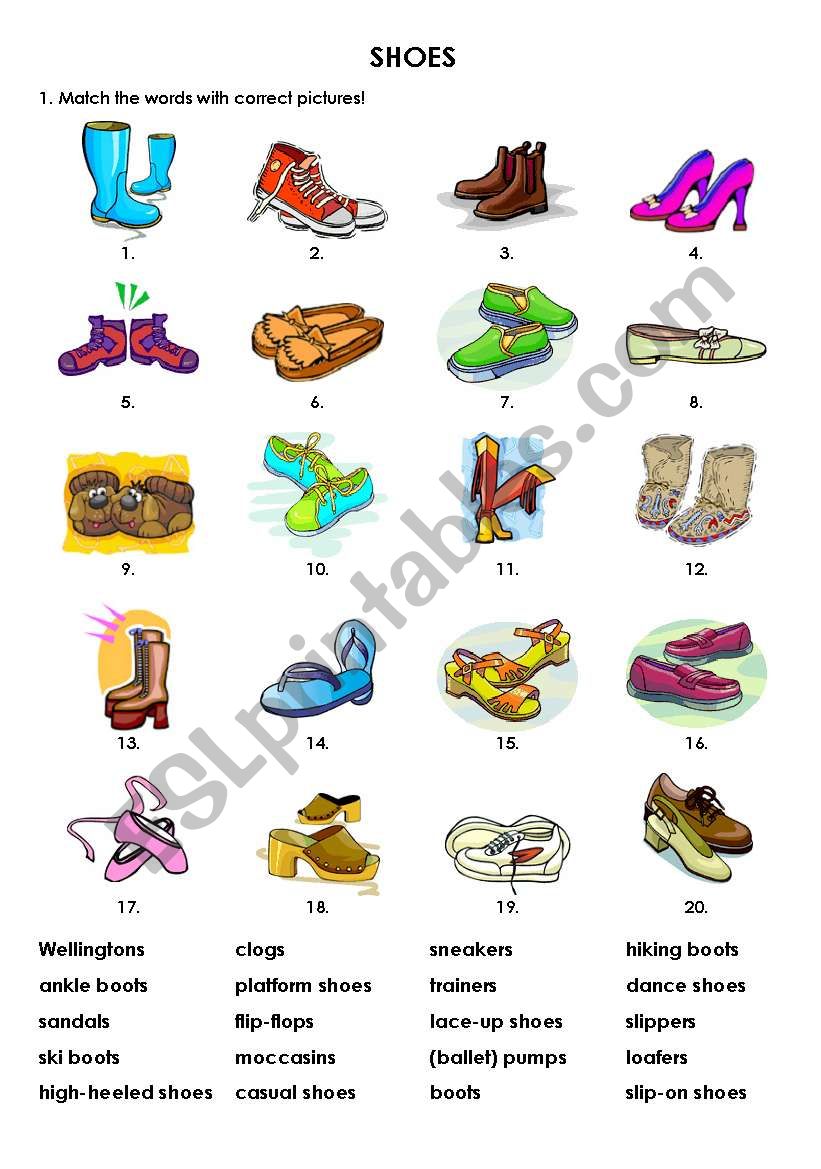 SHOES - different types worksheet