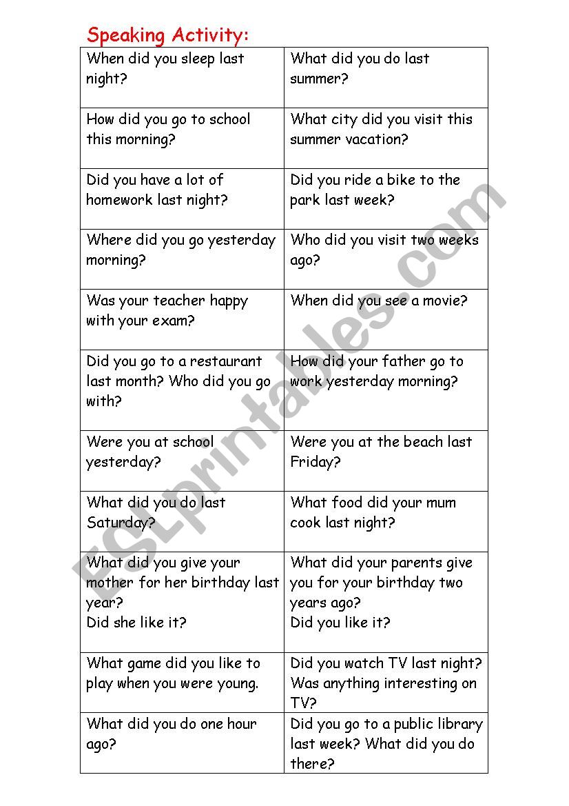 past tense speaking activity worksheet