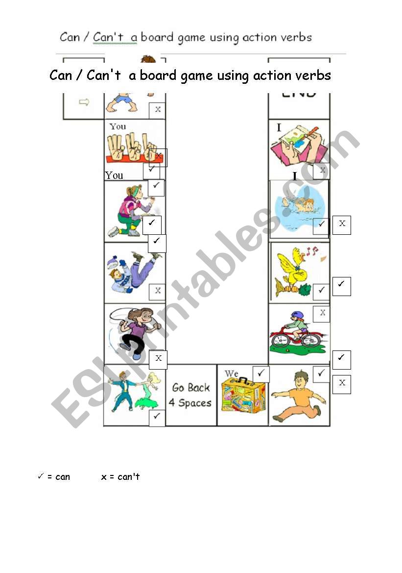 Boardgame to practice personal pronouns + can/cant and an action verb