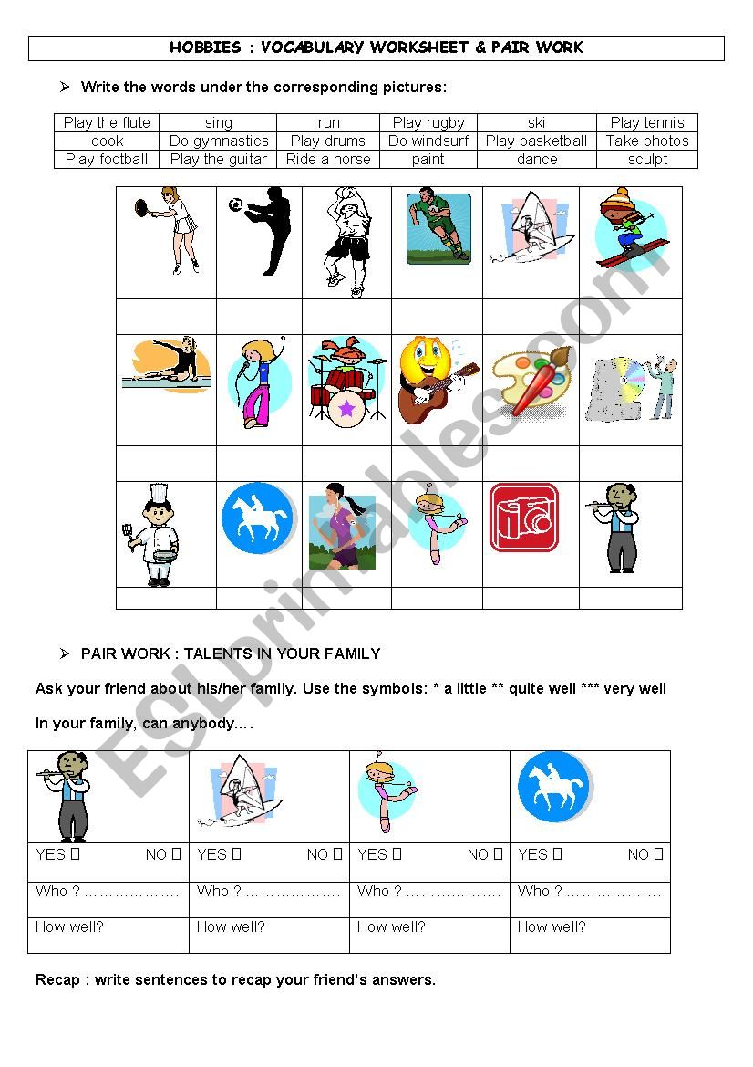Hobbies & talents worksheet
