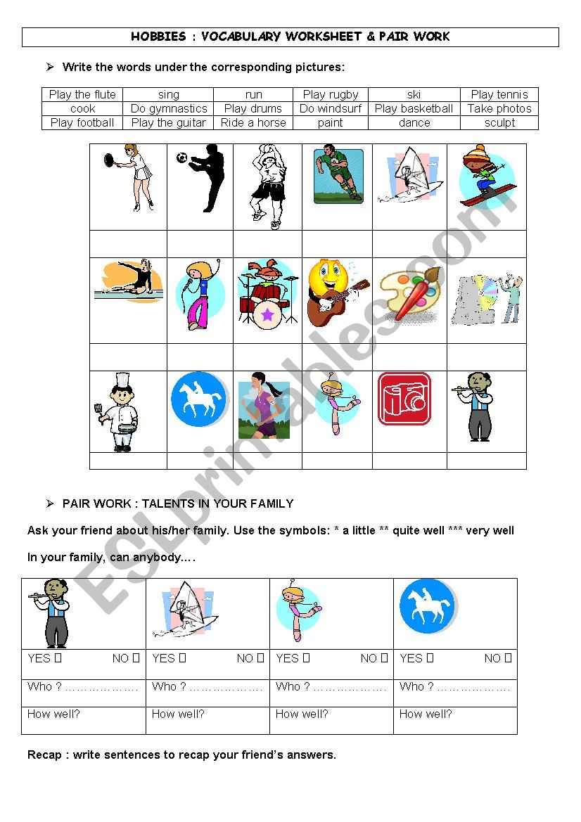 Hobbies & talents worksheet