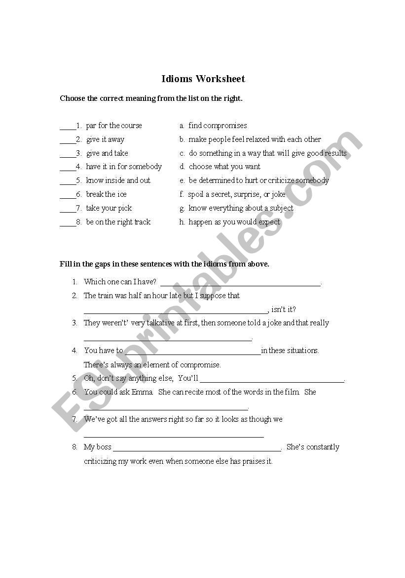 Idioms Worksheet worksheet