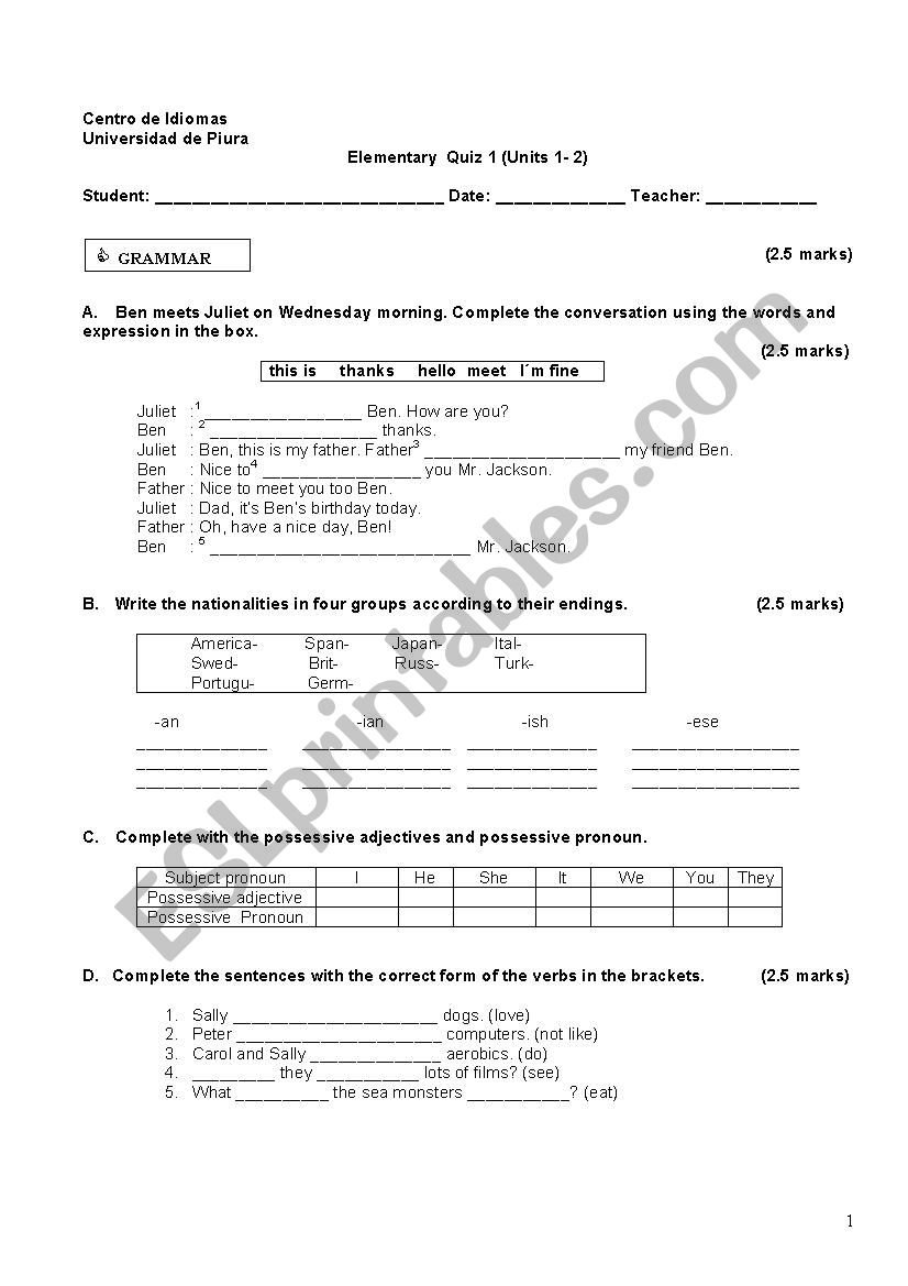 UNIT TEST 1 worksheet