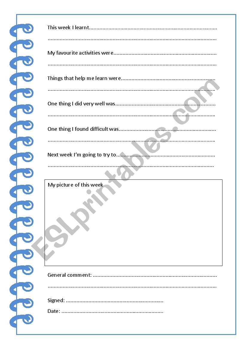 My learning diary worksheet