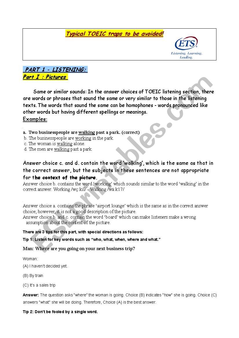 TOEIC traps and tips  worksheet