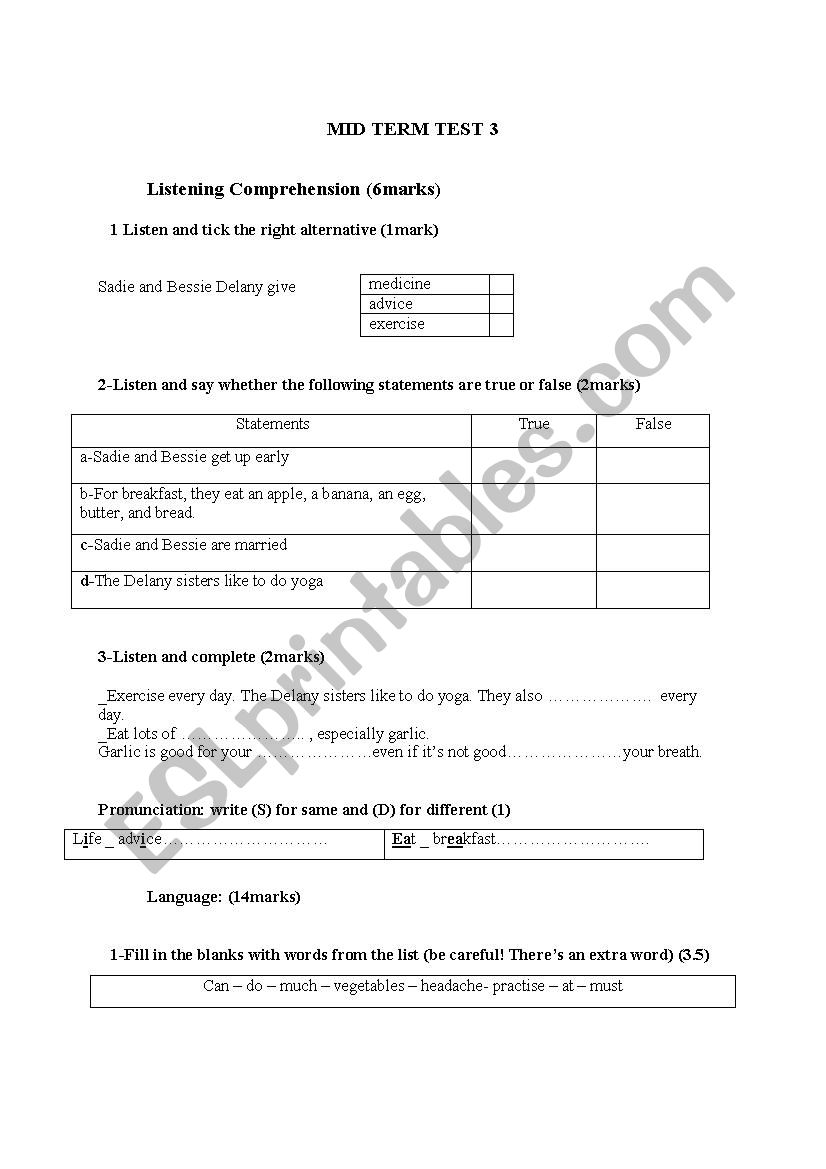 MID TERM  TEST 3 worksheet