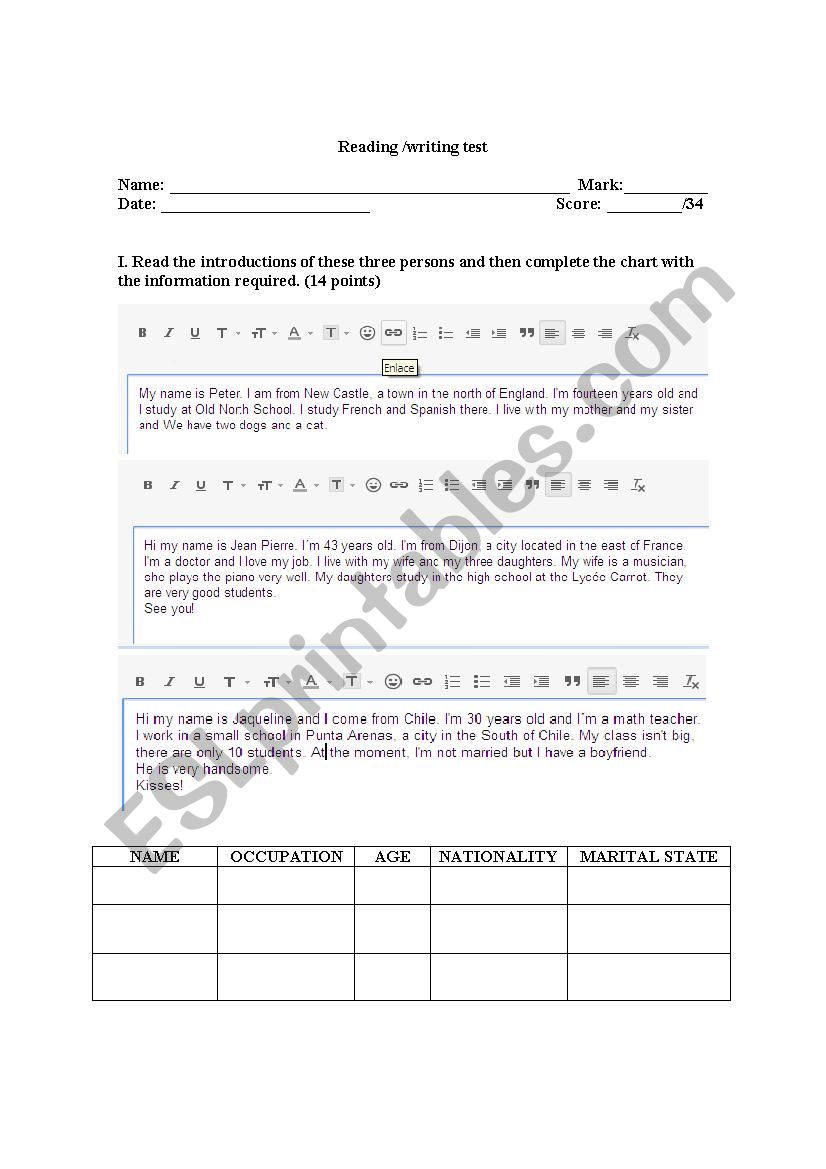 Reading / Writing Test  worksheet