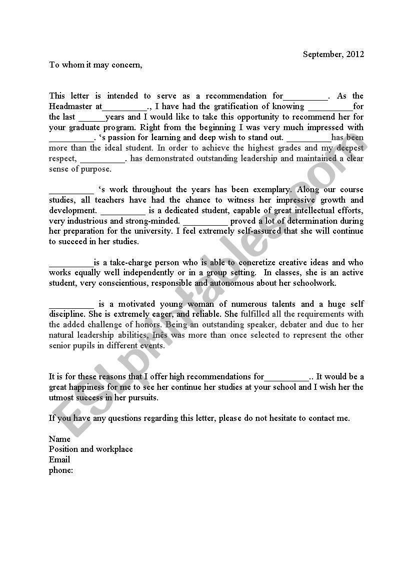 recommendation letter worksheet