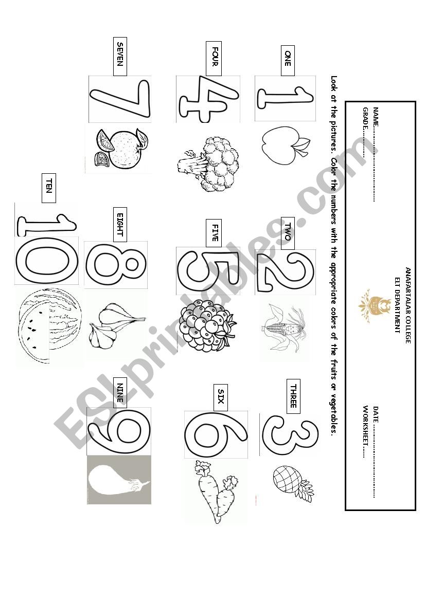 Numbers/Colors/Vegetables/Fruits Combined Worksheet