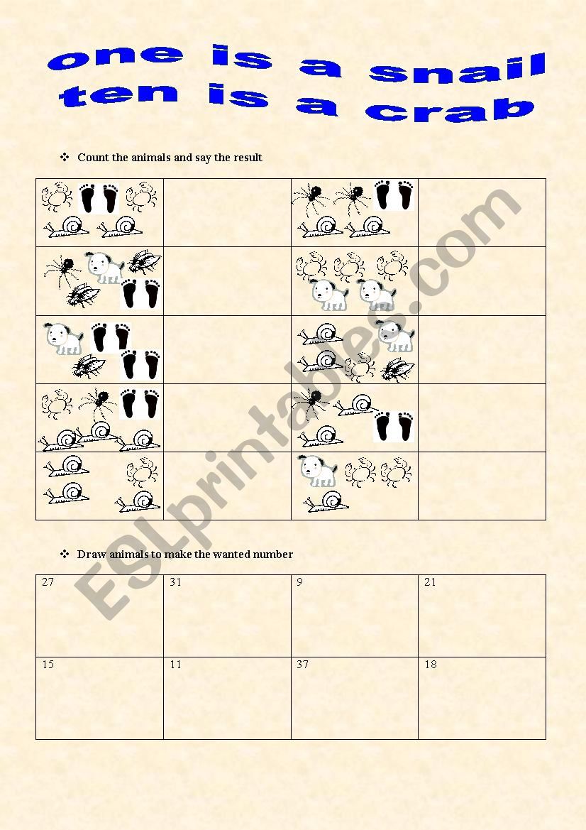 One is a snail,ten is a crab worksheet