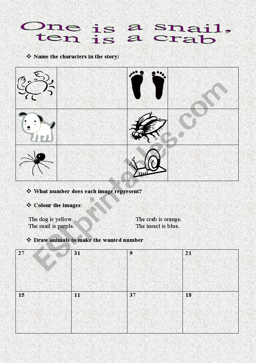 one is a snail, ten is a crab worksheet