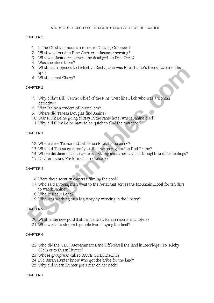 STUDY QUESTIONS FOR DEAD COLD (READER)