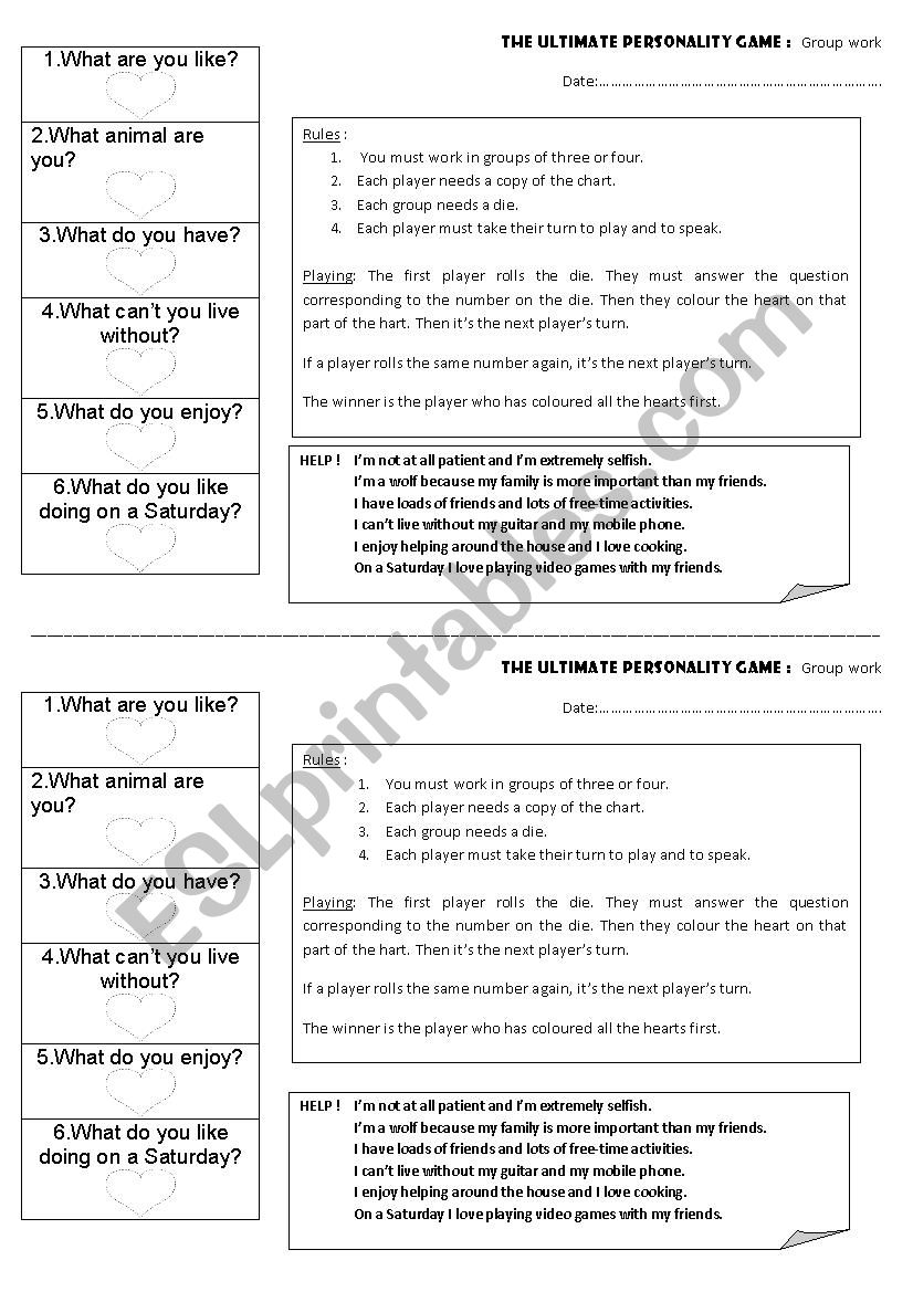 The Ultimate personality game worksheet