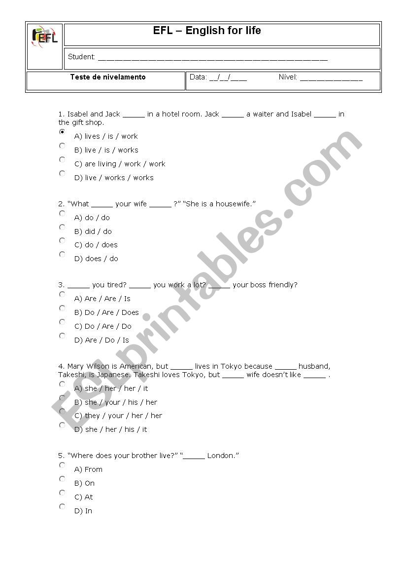 Intermediate test worksheet