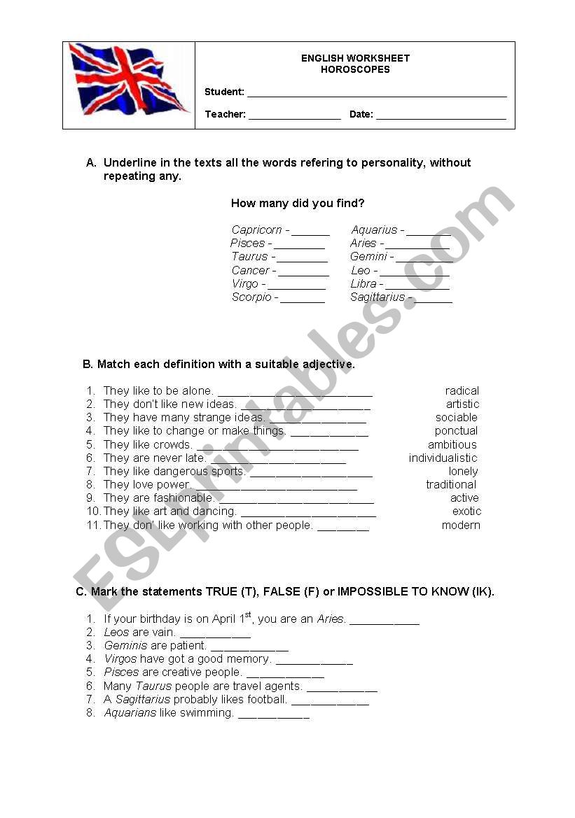 Horoscopes 2 (worksheet) worksheet