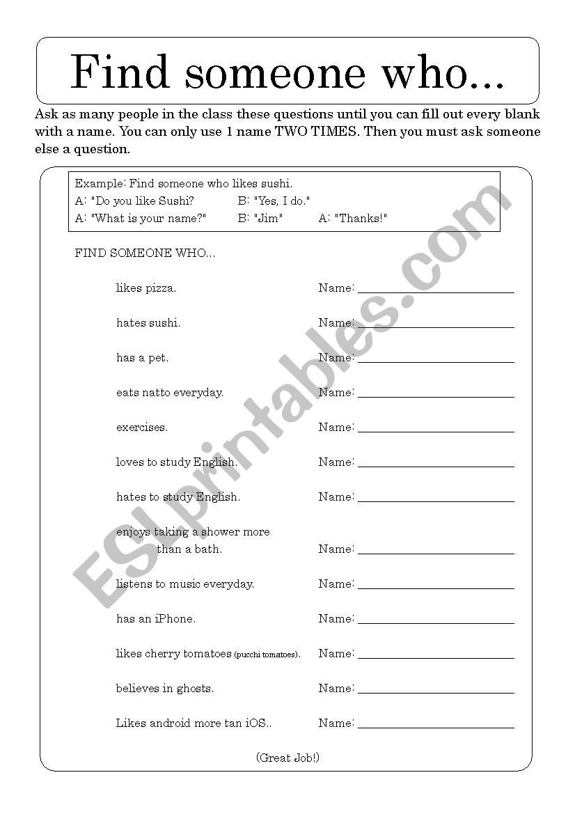 Find someone who (Present Tense) - ESL worksheet by scubi