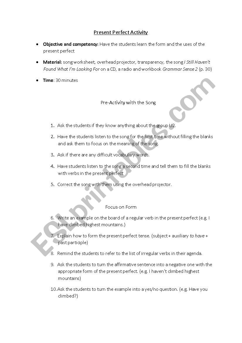 Present Perfect Song Activity worksheet