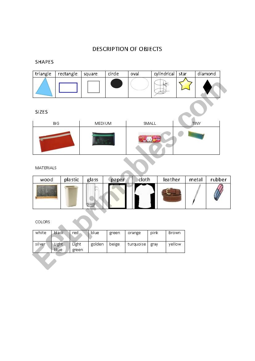 describing objects vocabulary worksheet