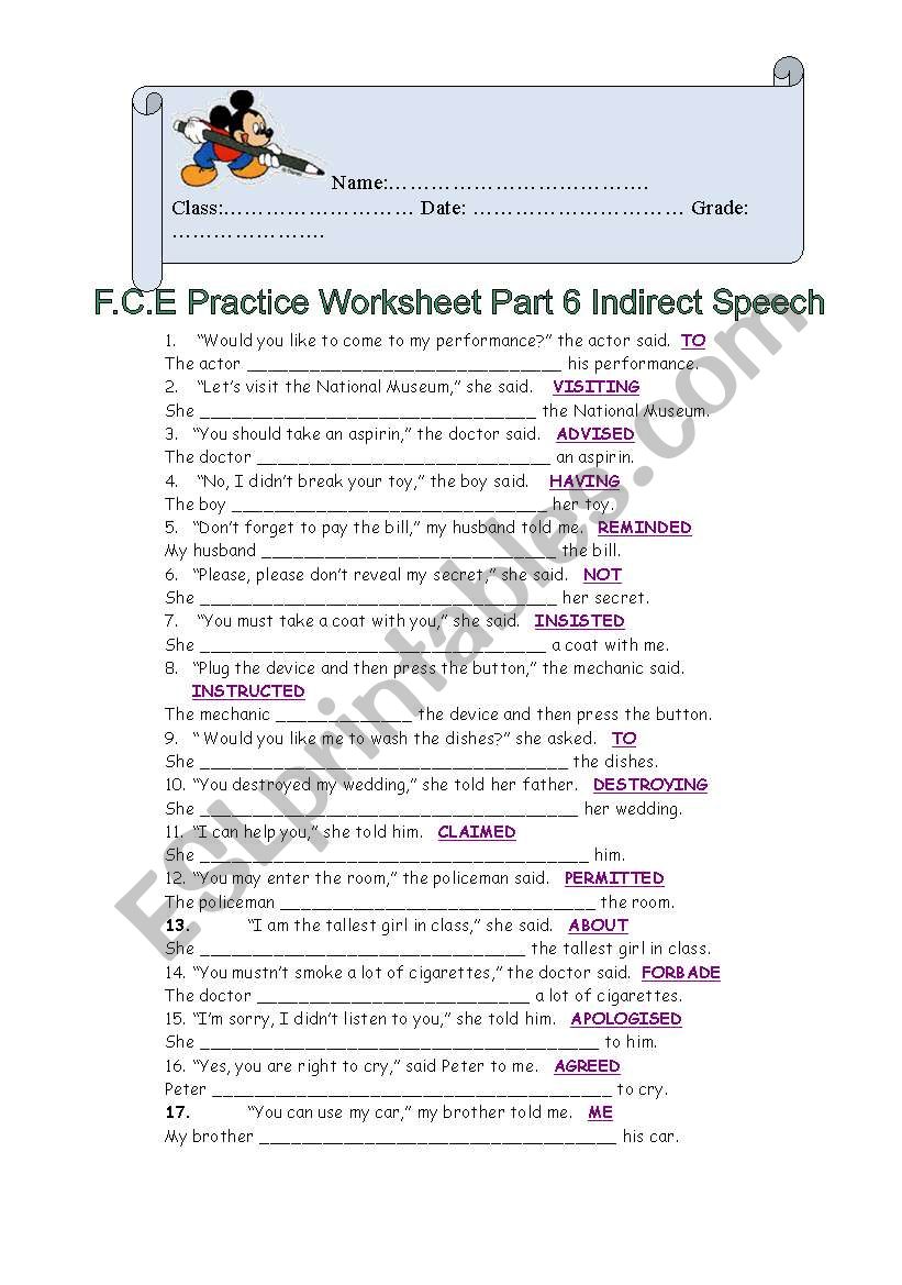 FCE Worksheet Part 6 Indirect Speech