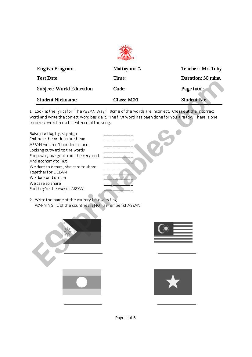 An Exam for ASEAN studies & World Geography