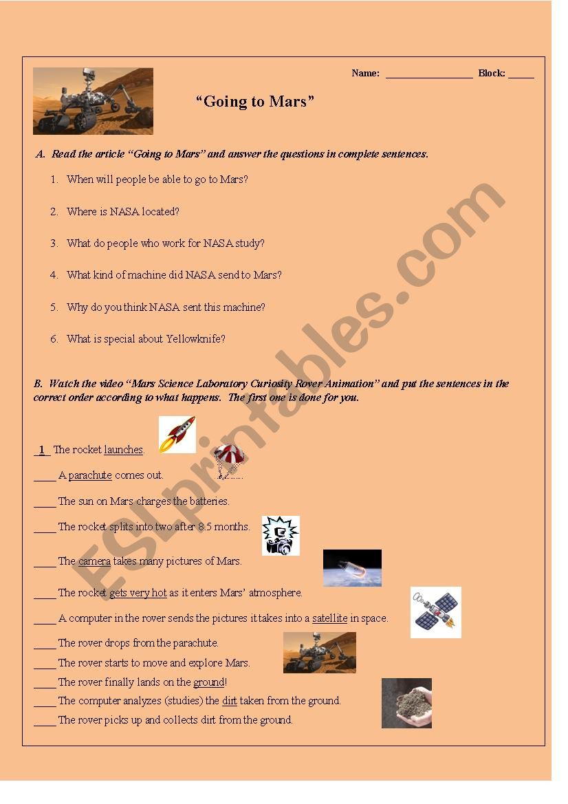 Mars Rover activity worksheet