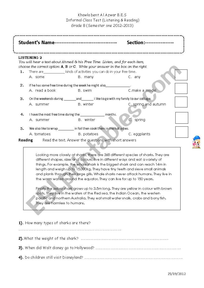 listening & reading worksheet