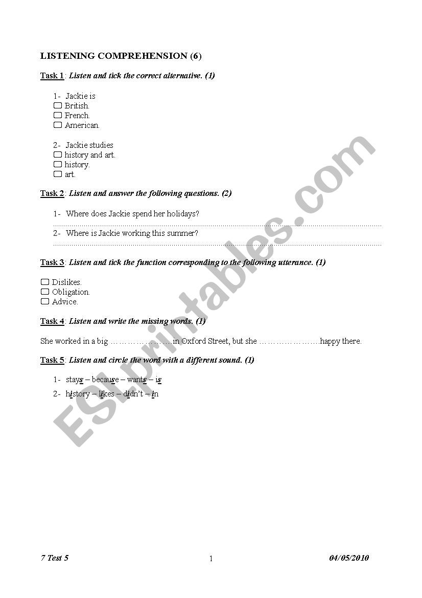 7 Test 5 2010 worksheet