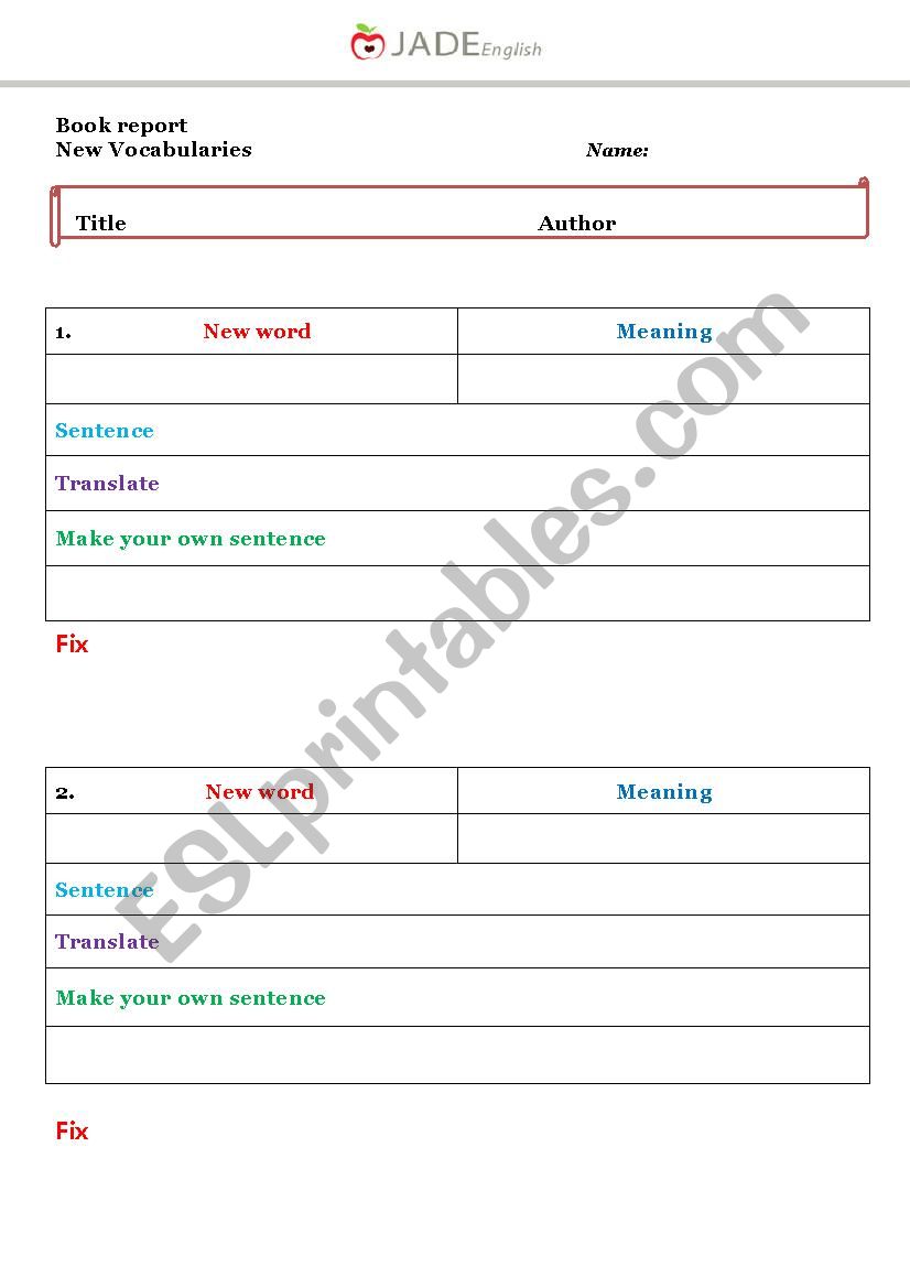 Book report worksheet