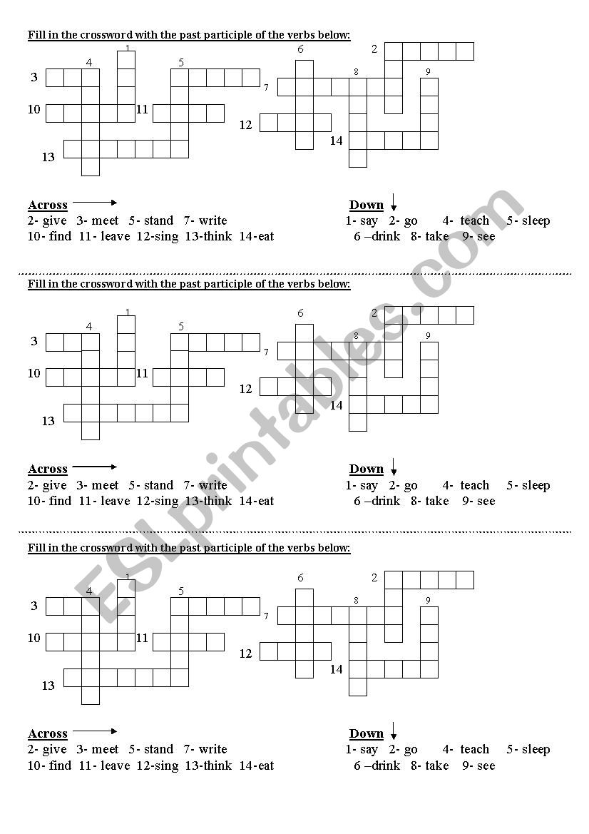 Past participle crossword worksheet