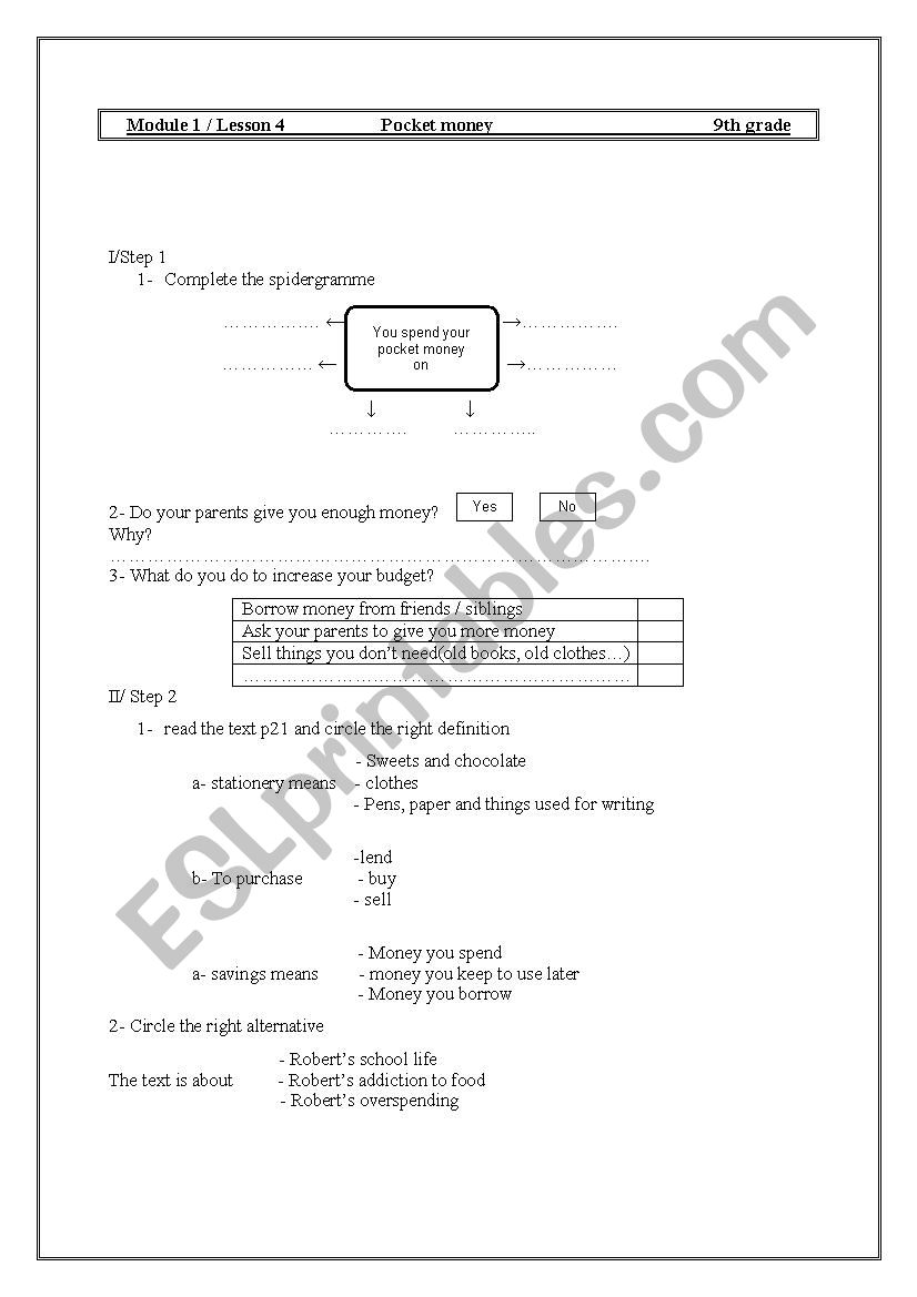 Pocket money worksheet