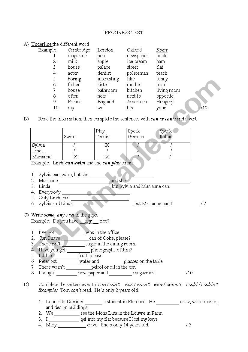 Elementary Progress Test worksheet