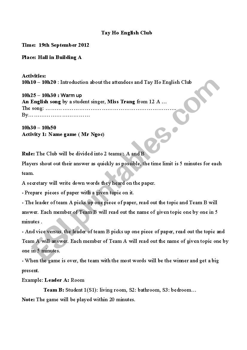 English speaking club worksheet