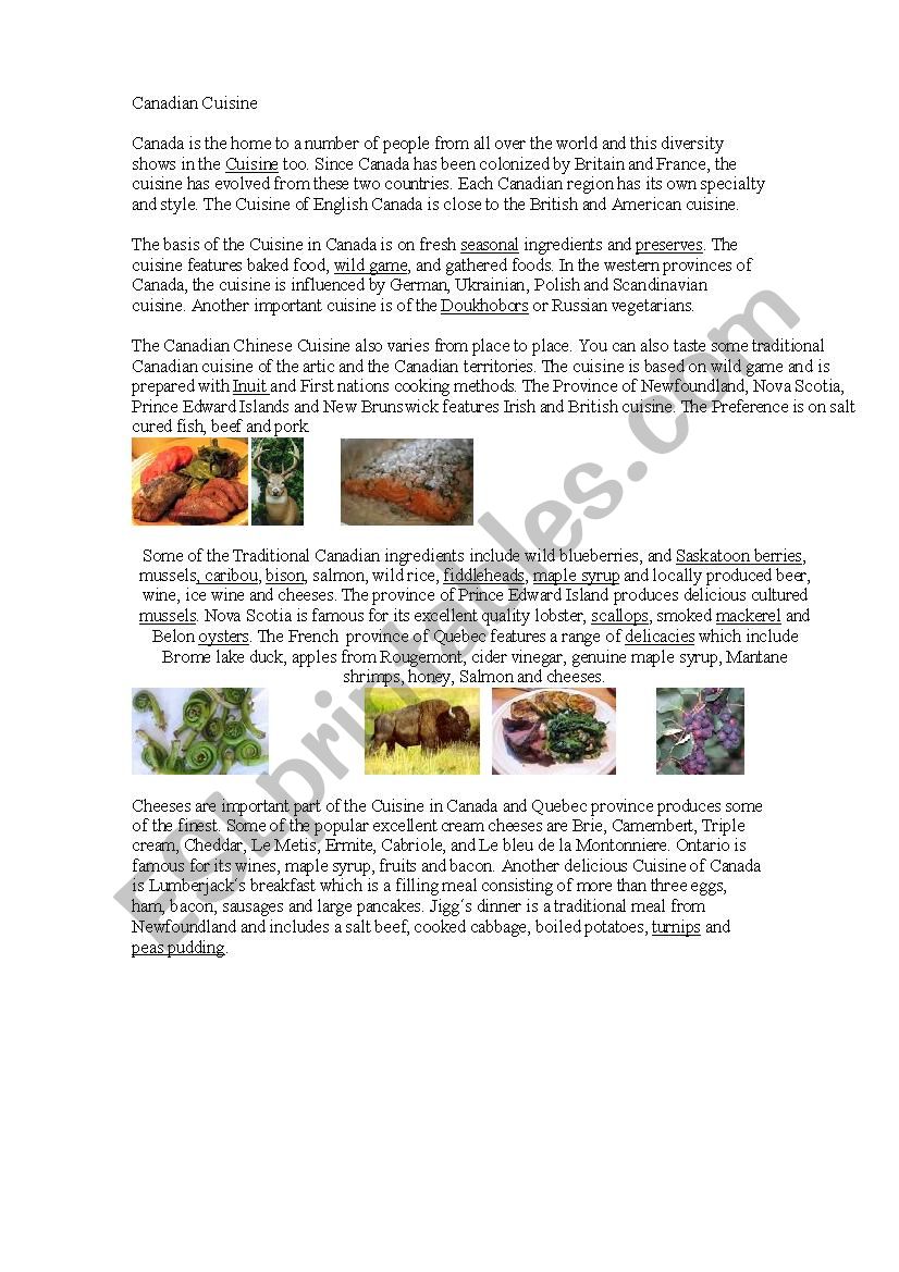 Canadian Cuisine worksheet