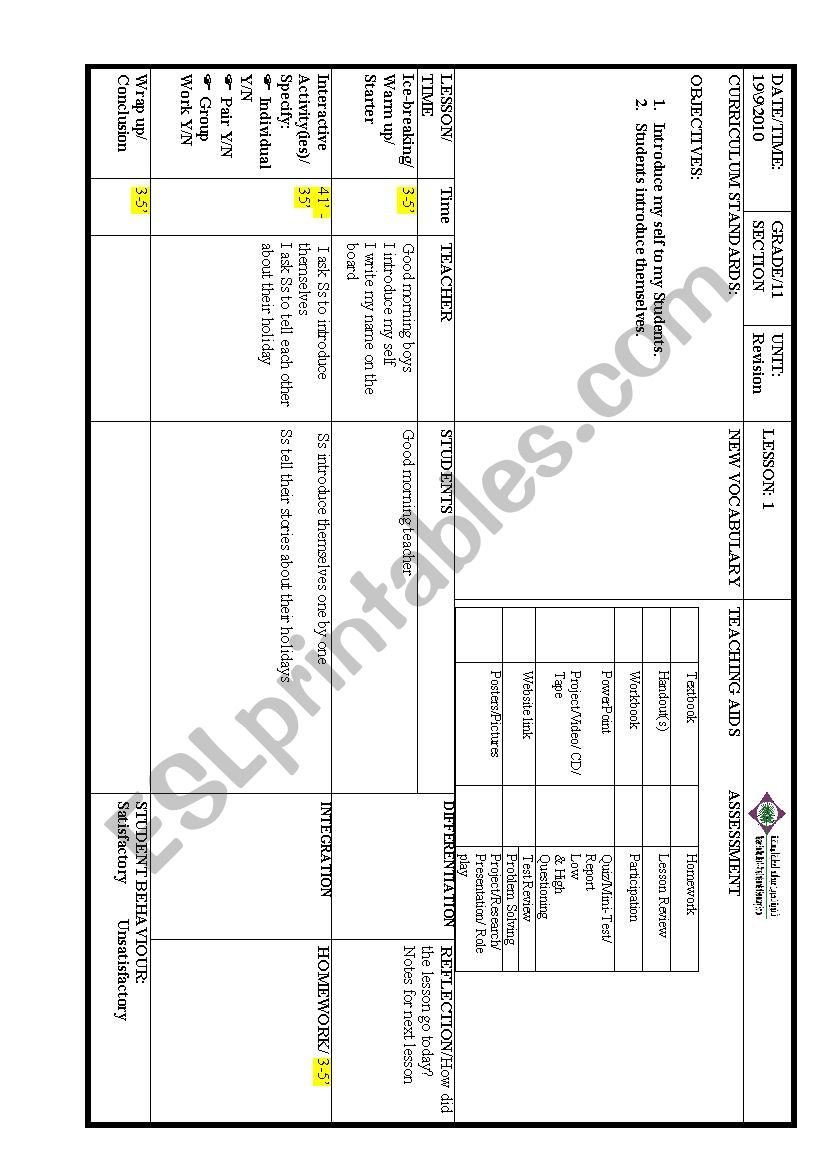 lesson plan -first day at school