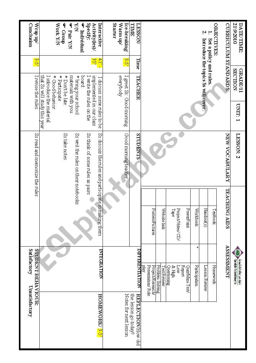 setting classoom rules worksheet