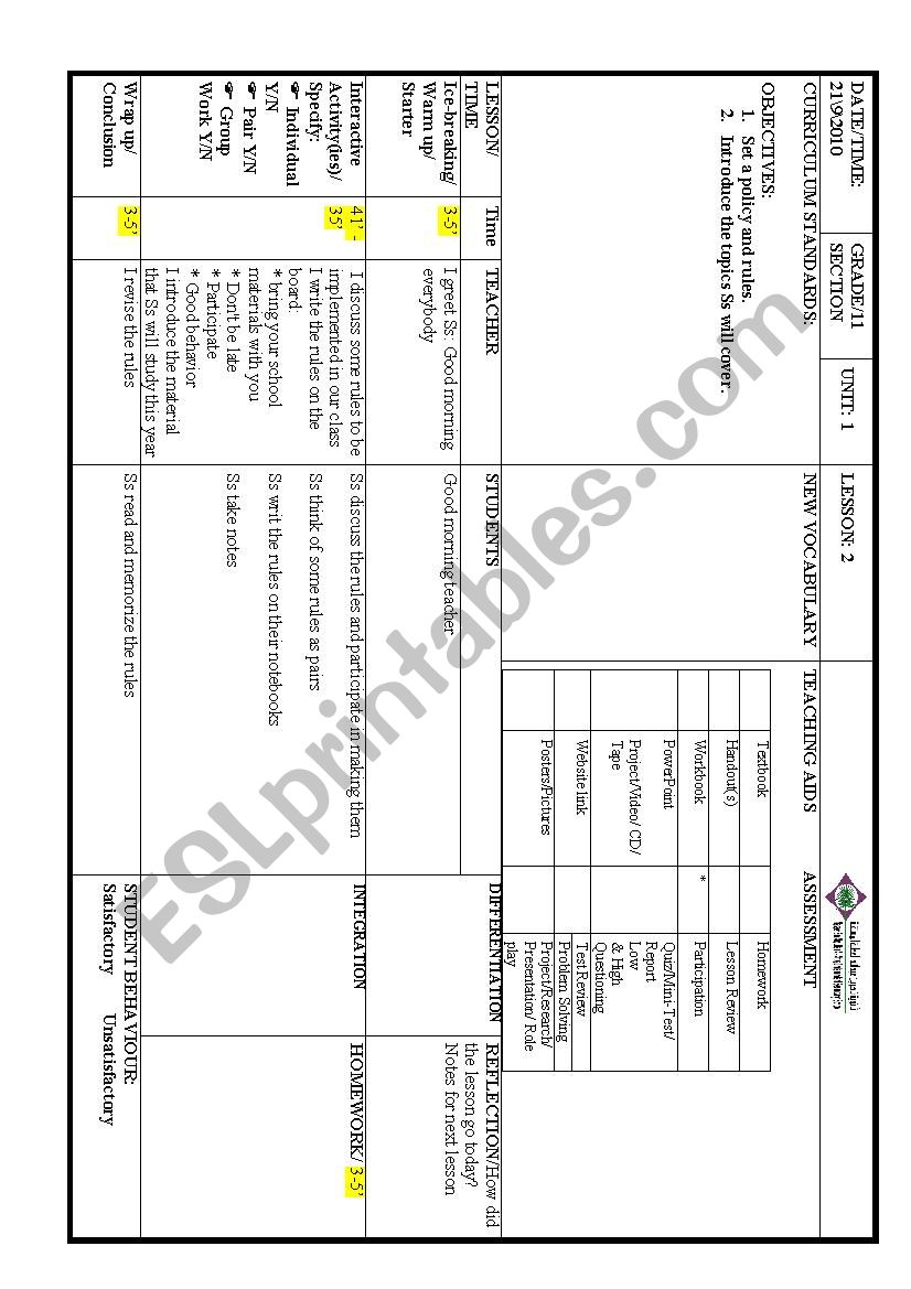 setting classoom rules worksheet