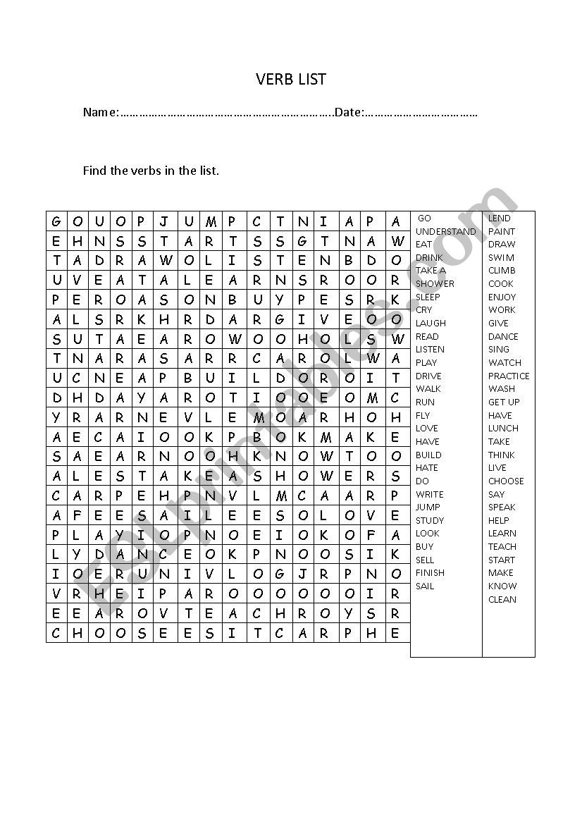 Verb List worksheet
