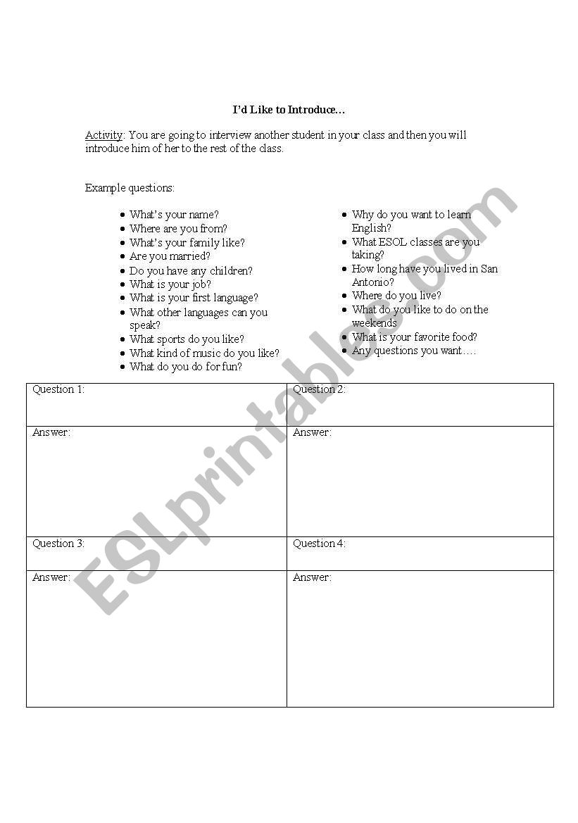 Id like to introduce... worksheet