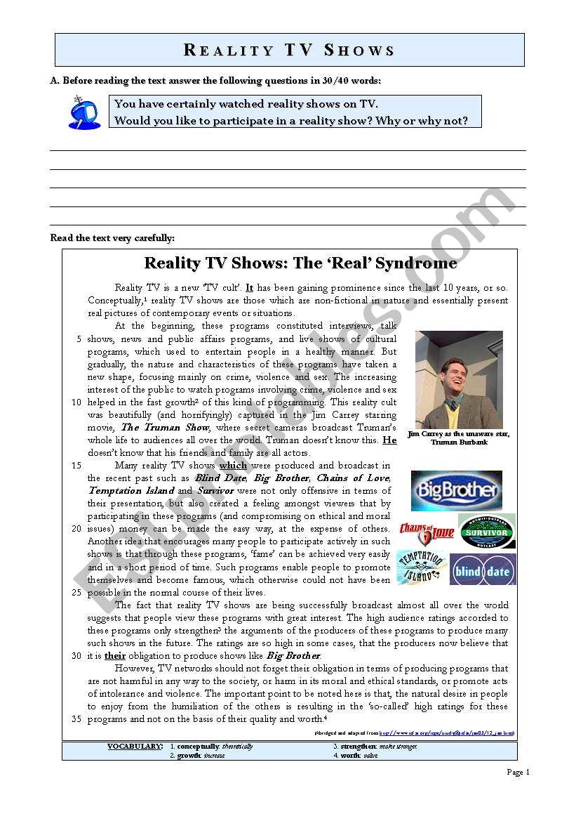 REALITY TV SHOWS worksheet